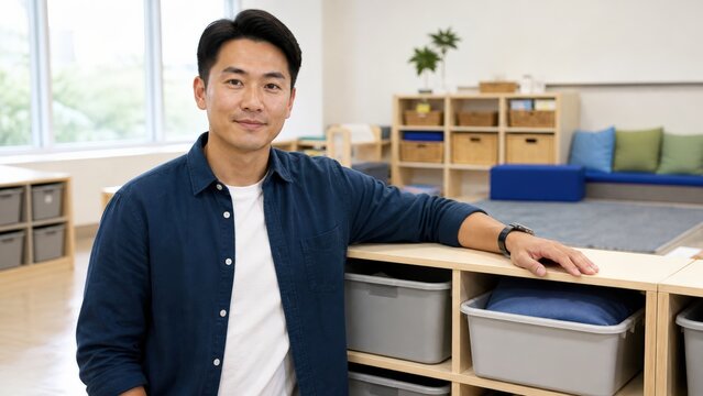 East Asian aide beside organized storage in a sensory classroom design