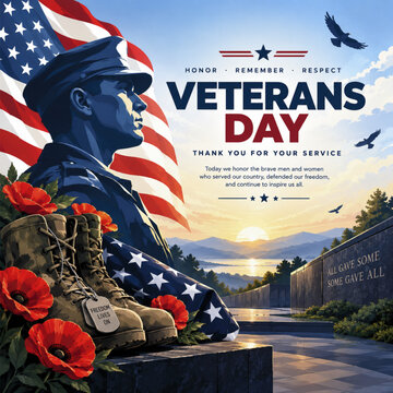 Veterans Day tribute with military veteran portrait, American flag, combat boots and red poppies