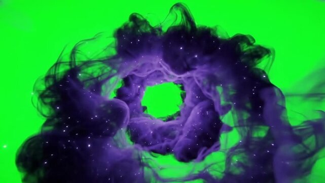Purple Smoke Vortex Tunnel Tracking Shot Moving Through Nebula Clouds on Green Screen Background