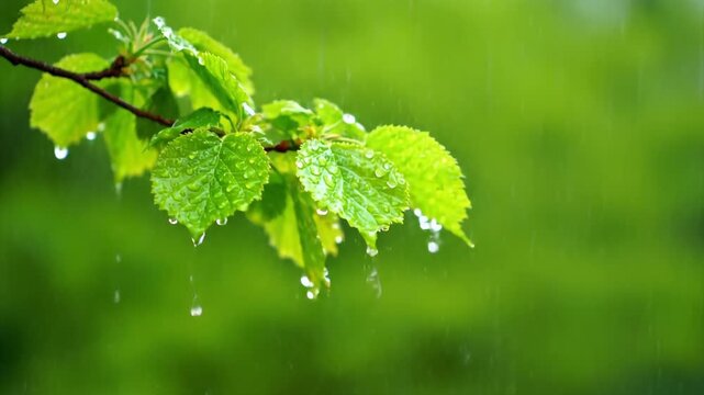 Close-up of young green leaves with water droplets in the rain, and green raindrops after the rain