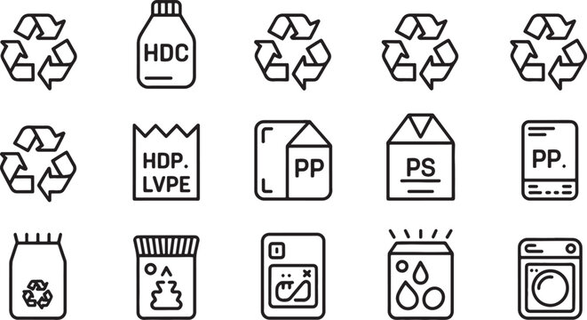 Recycling Symbols Set with Plastic, Paper, and Glass Containers. Packaging Icons and Waste Management Design Elements