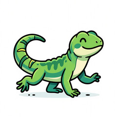 Obraz premium Adorable Vector Illustration of a Cute Green Lizard Character in a Cheerful Walking Pose, Friendly Reptile Cartoon Mascot with a Striped Curled Tail Isolated on a White Background
