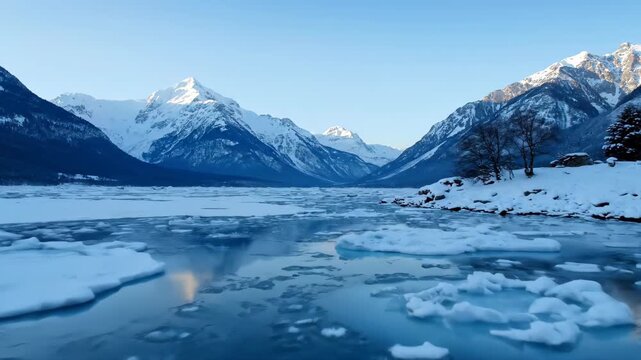 Natural scenery of the frozen lake under the snow-capped mountains, winter scenery of the snow-capped mountains and lakes