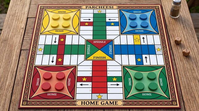 Classic Parcheesi Board Game with Wooden Dice on Outdoor Table