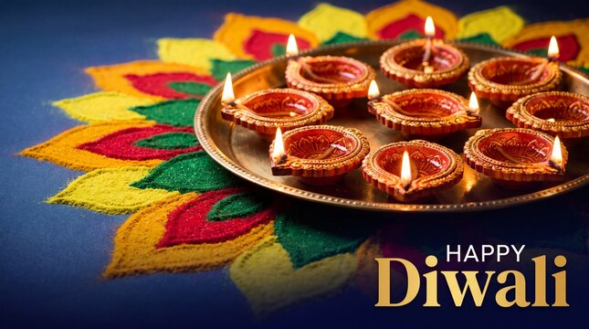 Traditional clay oil lamps lit for the diwali festival of lights celebration with colorful rangoli background