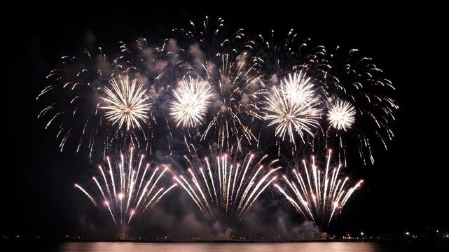 Brilliant fireworks bloom in the night sky, dazzling fireworks bloom in the night sky