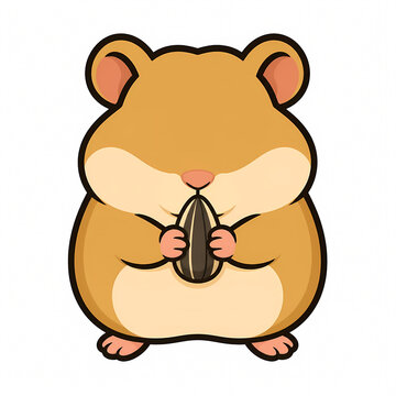 Cute Minimalist Vector Illustration of an Adorable Brown Hamster Holding a Striped Sunflower Seed, Kawaii Small Rodent Pet Character Design Isolated on a Plain White Background