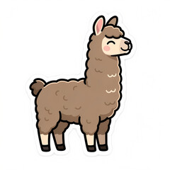 Obraz premium Cute Vector Illustration of a Brown Llama Standing in Profile, Fluffy Alpaca Character with a Smile Isolated on White Background for Children's Design, Sticker, and Educational Media