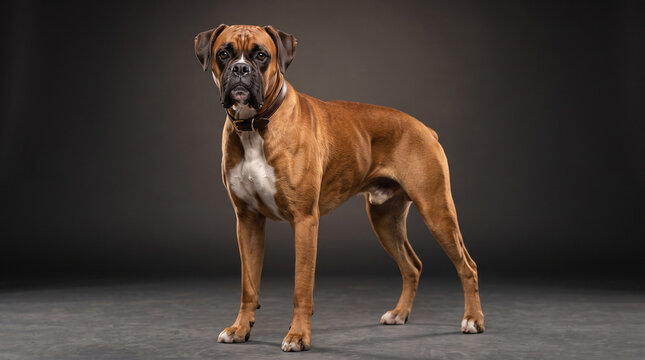 Boxer dog standing confidently on a dark studio background  
