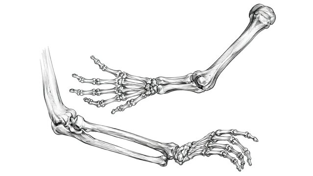 Detailed human arm skeletal anatomy illustration showing upper limb bones wrist elbow joints and hand structure isolated on white background