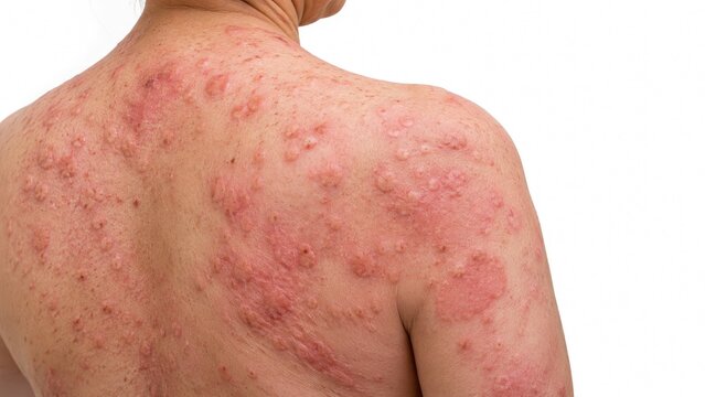 Detailed human skin showing widespread red papular lesions across back shoulder and upper arm isolated on white background