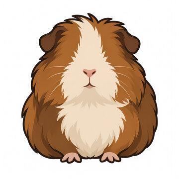 Cute Vector Illustration of a Fluffy Brown and White Guinea Pig Sitting Front View, Adorable Cavy Rodent Character Isolated on White Background for Children Book and Pet Care Design