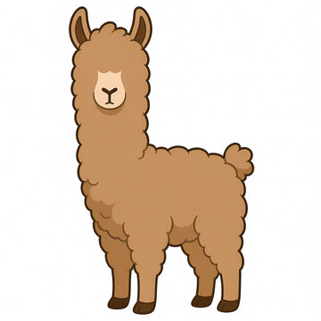 Cute Vector Illustration of a Fluffy Brown Llama Standing in a Full Profile Pose, Isolated Cartoon Animal Character Design for Children's Books and Educational Graphic Projects
