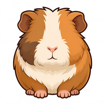 Cute Vector Illustration of a Sitting Guinea Pig with Fluffy Tri-color Fur, Brown and White Cavy Character Isolated on White Background for Children's Book Design and Pet Shop Branding