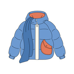 Illustration of a blue puffer jacket with scarf performing winter clothing display in a graphic style with transparent background © Vector & PNG Studio