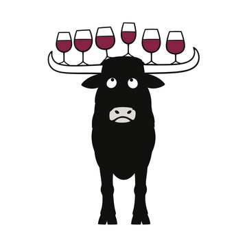 Bull balancing six wine glasses illustration