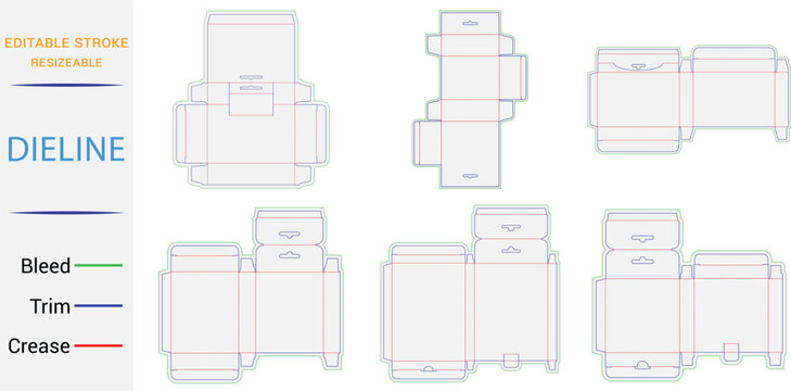 Collection of six various packaging box dieline templates featuring green bleed, blue trim, and red crease lines for folding and assembly