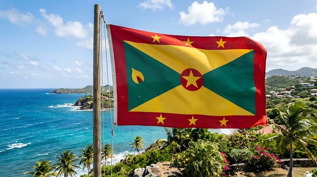 Grenada national flag waving over a tropical Caribbean coastline