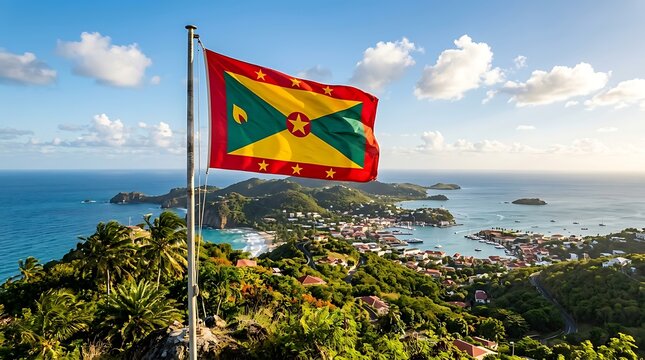 Grenada flag waving over a tropical coastal landscape with blue ocean