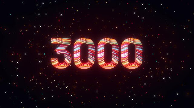 Animated 3D number 3000 rotates dynamically while colorful flowing lines and glowing particles move across a futuristic cosmic background with vibrant digital energy.