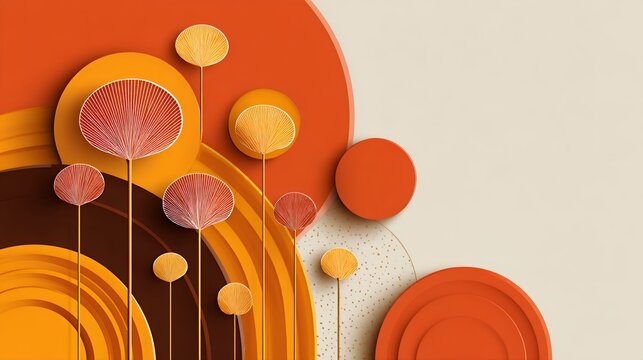 abstract modern boho botanical composition with textured circles and thin stems, warm fall colors geometric art background