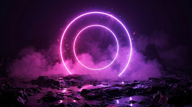 Futuristic glowing neon rings hover above a blurred cityscape at night creating a vibrant atmosphere