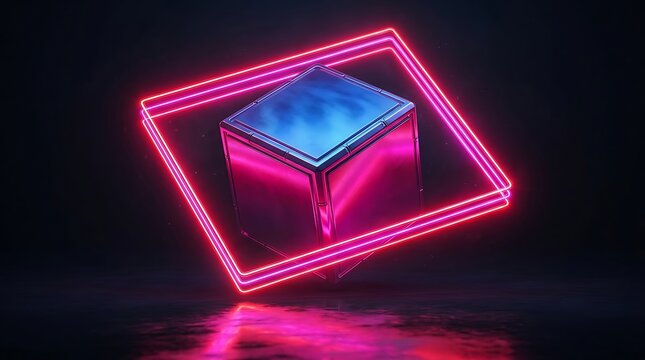 Abstract glowing cube with neon frame against a dark background representing technology and digital concepts
