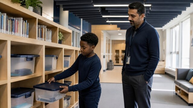 Sensory classroom design teacher supporting a child choosing a portable quiet kit