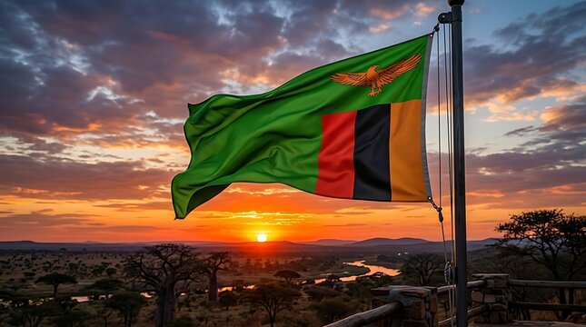 Zambia national flag waving against a dramatic sunset over the savanna