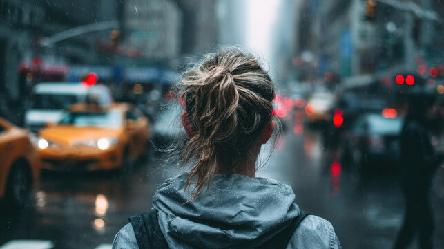 Woman with ponytail stands in a rainy city street watching the traffic and pedestrians go by in an urban environment during a gray day
