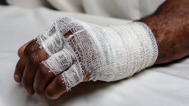 Adult patient hand immobilized in orthopedic cast for follow-up care in a medical facility