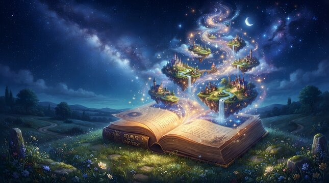 Magical Open Storybook Under Starry Night Sky With Glowing Tree of Knowledge Fantasy Education Inspiration Dreamlike Reading Adventure Wonderland Scene