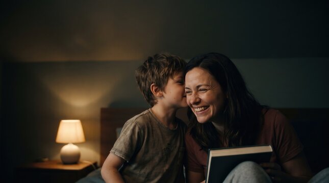 Boy whispering a secret to his laughing mother during bedtime story reading, capturing heartwarming family bonding and intimacy for childcare and literacy marketing.