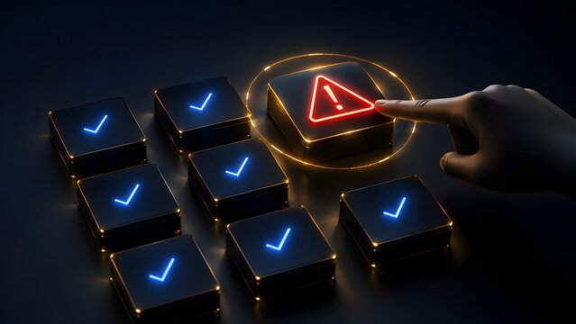 Human Hand Pressing Warning Button Among Blue Checkmark Buttons In System Audit