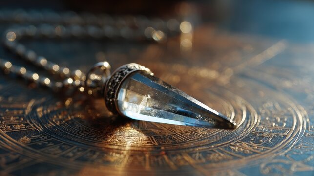 Close up view of crystal pendulum swinging above a chart face with intricate designs and markings in a dimly lit space