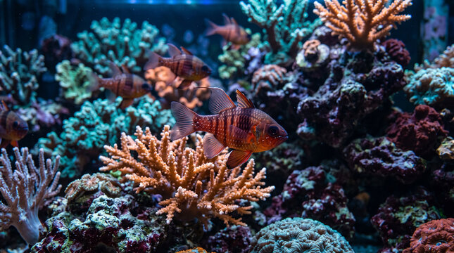 Colorful fish swimming among vibrant coral reef in aquarium  