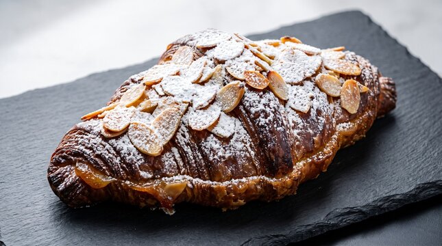 Classic French almond croissant pastry twice baked to absolute crisp perfection, generously topped with toasted sliced almonds and a heavy dusting of powdered sugar on a dark stone plate