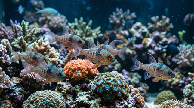 Cardinalfish swimming among colorful coral in an aquarium