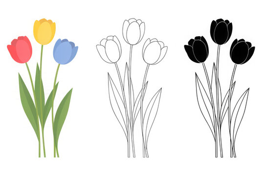 Tulip illustration set in flat color outline and silhouette styles for icons and graphic design kits.