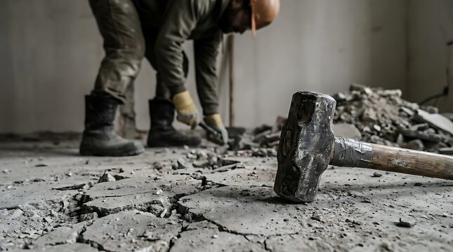 Worker breaking concrete floor with heavy sledgehammer.