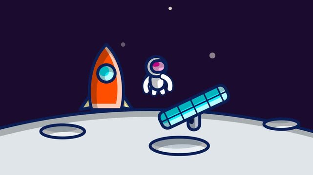 2D cartoon animation of a space rocket landing on the moon with an astronaut floating and waving before taking off again