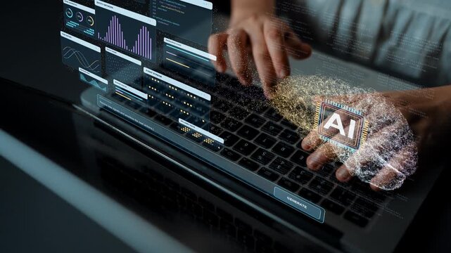 Hands type on a laptop. An AI system brings source evidence and task measurements together, connecting entity matching and knowledge retrieval with the preparation of verified results.
