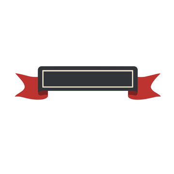 Red ribbon banner with dark gray label