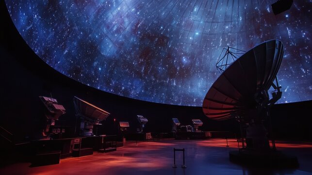 Satellite dishes displayed inside a dark room with a large dome screen showing stars