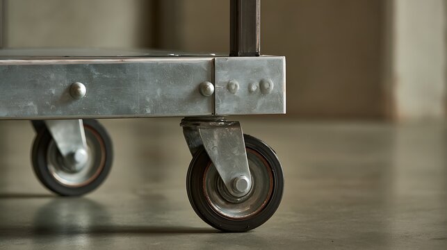 Close up of industrial cart wheels on concrete floor.