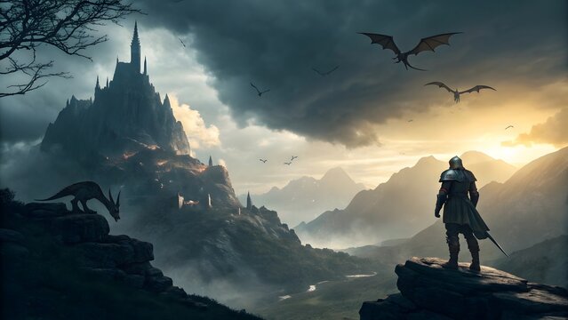Knight standing on a cliff overlooking a fantasy castle with dragons in the sky