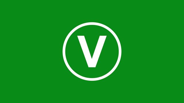 3d Alphabet "V" text animation inside the circle icon. 3d text isolated on green background. Educational concept. Alpha channel 4k