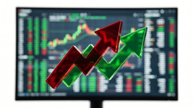 Financial market charts displayed on a computer screen show upward and downward trend arrows representing investment performance and economic growth with digital data analysis for business