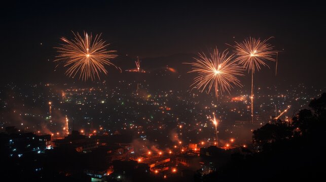 Golden fireworks explode above a dark city landscape at night with lights building windows