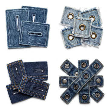 Collection of denim fabric swatches showcasing various fasteners and stitching techniques representing garment construction and apparel assembly elements for textile and fashion industry